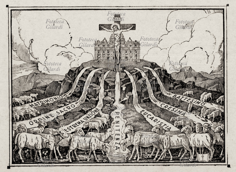 SACRAMENTI allegoria. Dal piede della Croce sgorgano i sette Sacramenti: Matrimonio, Ordine Sacro, Estrema Unzione, Penitenza, Eucarestia, Cresima, Battesimo. Il gregge dei fedeli si abbevera alle fresche acque. Immagine tratta da \