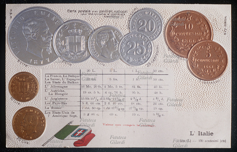 MONETE in corso in Italia: Lira, Centesimi. (1 lira= 100 centesimi). Cromolitografia su carta goffrata dalla serie \