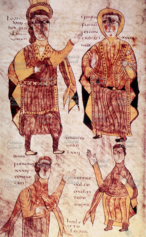 ALARICO II (484-507) re dei Visigoti di Spagna. Miniatura tratta dal Breviario di Alarico raffigurante il re (in alto a sinistra) affiancato da un vescovo, un duca e un conte. Spagna, XI secolo