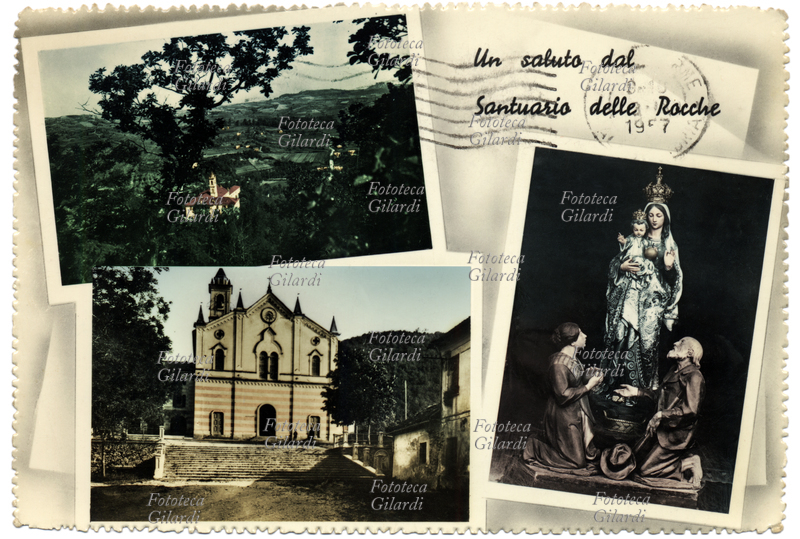SANTUARIO DELLE ROCCHE Il Santuario Nostra Signora delle Rocche in Molare (AL) ospita la Comunità Passionista. Il Santuario deve la sua origine ad una apparizione della Madonna avvenuta nel secolo XVI, come si rileva da antichi documenti, secondo i quali Clarice, una povera donna di Molare che portava un paniere di verdure cotte al marito al lavoro nel bosco, incontrò una bellissima Signora, vestita di un ricco manto azzurro e circonfusa di splendida luce che le fece apparire miracolosamente del pane nel povero cesto. La Madonna quindi le chiese di andare a Molare e dire ai compaesani che in quel luogo desiderava una Chiesa in suo onore. Commosso e ispirato dal racconto della visione Giovan Maria Cazuli, un povero storpio che da anni si trascinava sulle stampelle, arrancò come meglio poté fino al luogo santo, e ne tornò sano ed osannante. Successivamente, al santuario si verificarono altri fatti miracolosi e la devozione alla Madonna delle Rocche si divulgò nei paesi vicini. Cartolina postale con una veduta panoramica, la facciata ottocentesca con la scalinata primitiva, e il dettaglio della nuova statua con i testimoni ai piedi della Madonna col bambino, incoronati per devozione popolare con cerimonia tenuta dal Cardinale Alfonso M. Mistrangelo il 10 agosto 1923. Fotomontaggio, Italia, 1957