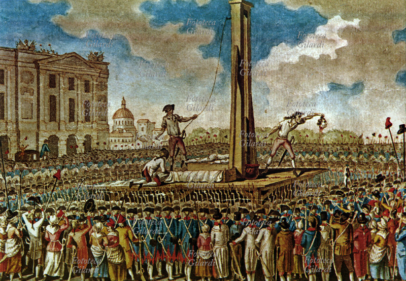 FRENCH REVOLUTION: The executioner Charles-Henri Sanson (15 February 1739 – 4 July 1806) displays the head of the recently beheaded King Louis XVI of Bourbon (23 August 1754 – 21 January 1793). Watercolor print, France, 18th century.