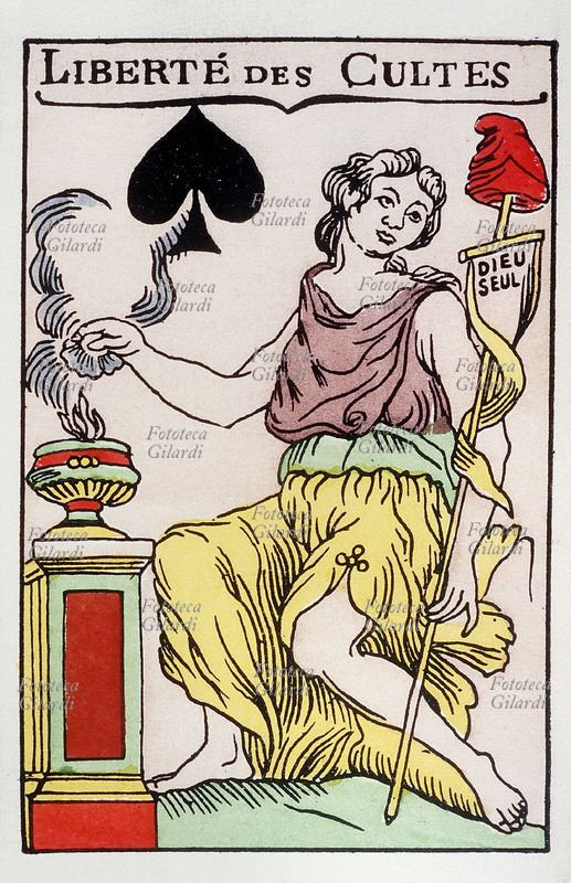 RIVOLUZIONE FRANCESE allegoria della Libertà di Culto (seme di picche): la donna brucia aromi in una piccola ara, ma il suo sguardo è rivolto all\