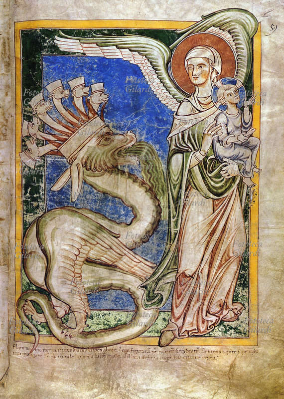 APOCALISSE La Vergine alata col Bambino minacciata dal Drago a sette teste, miniatura da una edizione dell\