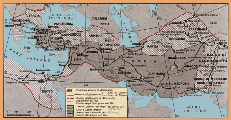 ALESSANDRO MAGNO (356-323 a.C.) Mappa storica con indicate le principali vittorie di Alessandro Magno i confini del suo Impero e i possedimenti dei territori adiacenti dell\
