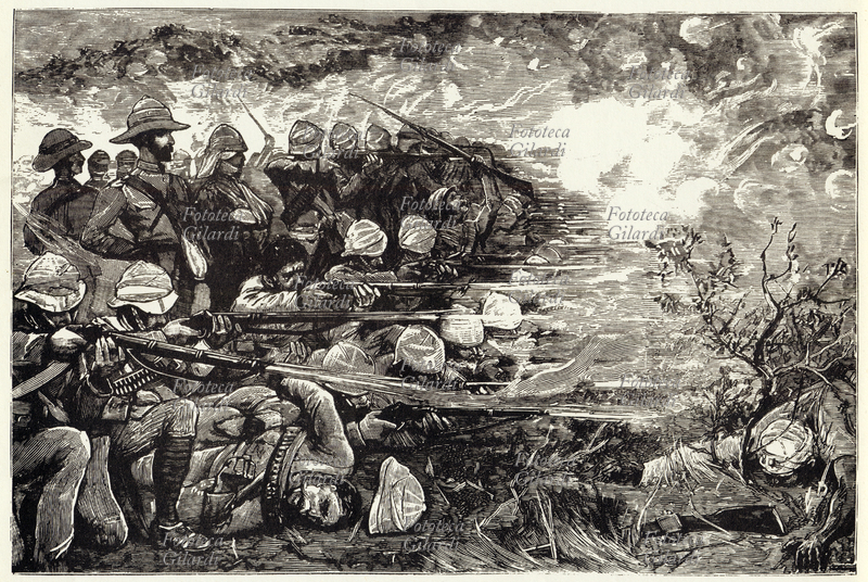 COLONIALISMO Truppe inglesi cercano invano di sedare la rivolta del Sudan, sobillata dal Mahdi; uno squadrone di fucilieri riesce ancora a mantenere lo schieramento. La situazione critica sarà normalizzata nell\