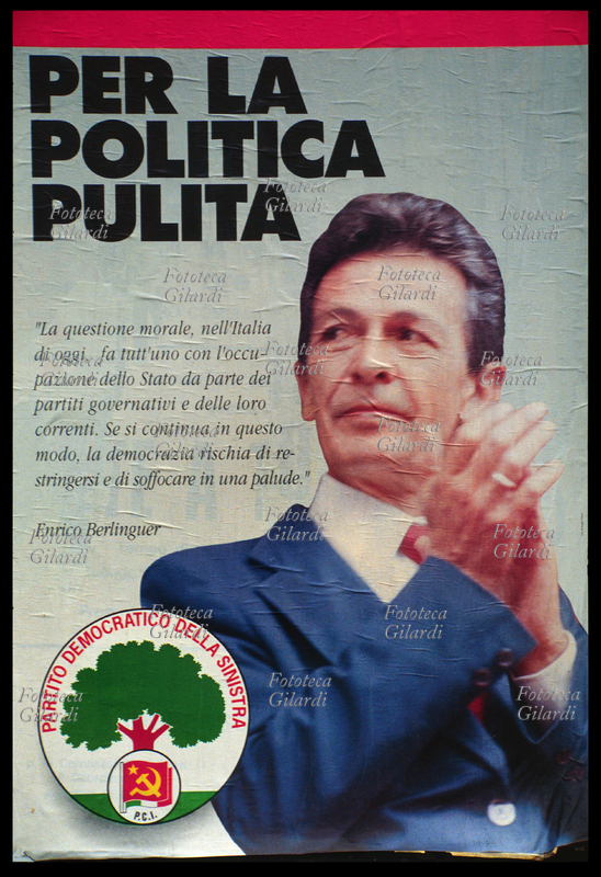 ELECTIONS "For Clean Politics" with the image of the late leader Enrico Berlinguer (May 25, 1922 – June 11, 1984). Election propaganda poster for the PDS. Italy, 1992.