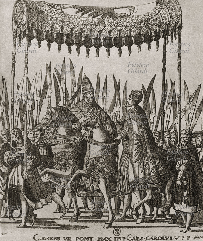 CLEMENTE VII (1478 - 1534) Bologna: Papa Clemente VII e Carlo V entrano in città, 1530. Incisione XVI secolo