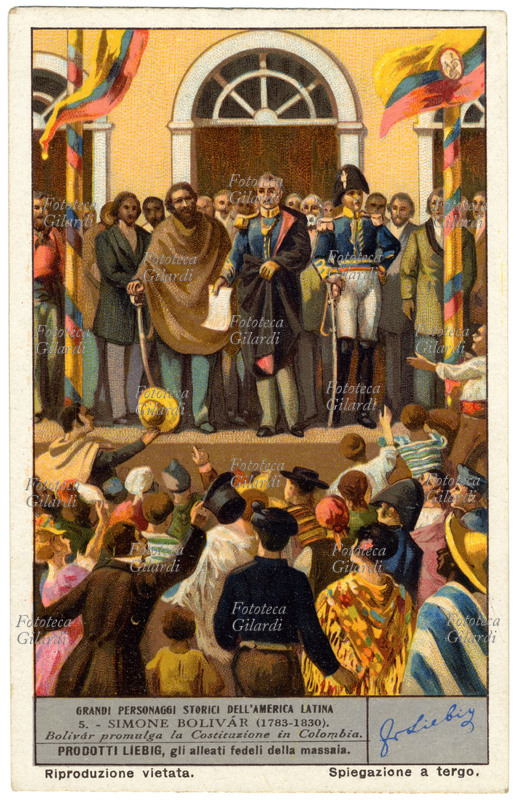SIMON BOLIVAR (1783-1830) promulga la Costituzione in Colombia. Figurina Liebig della serie \