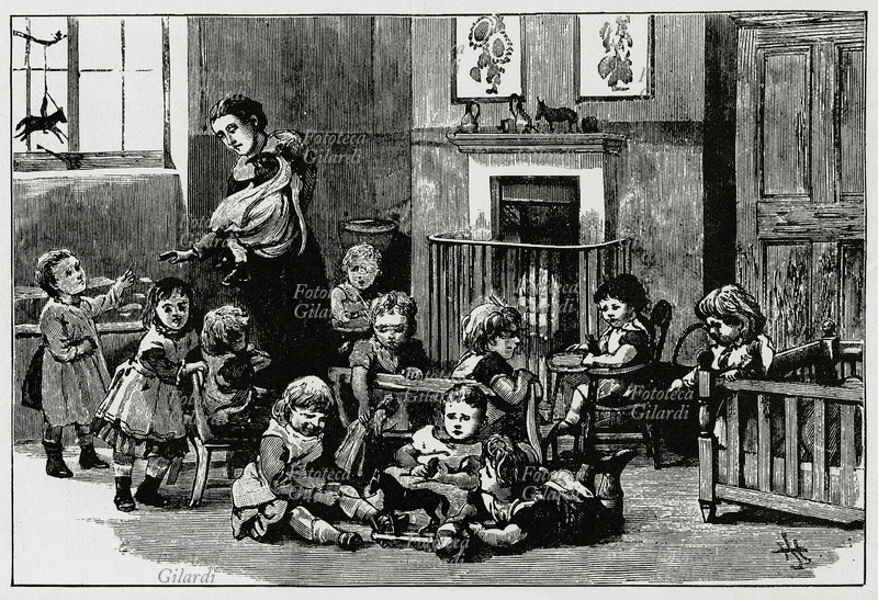 ASILO NIDO Sono istituiti i primi asili nido per custodire i figli delle madri che lavorano. In questa incisione dell\