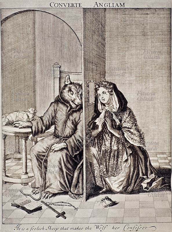 CONFESSIONE Protestanti inglesi: fra i sacramenti più discussi dai cattolici anglicani, protestanti di Inghilterra, quello della confessione. Caricatura diffusa in occasione del matrimonio fra Giacomo II e Maria di Modena una cattolica malvista dal popolo, che qui è raffigurata mentre si confessa a un lupo, Inghilterra 1673