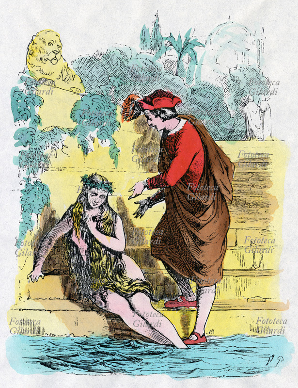 Hans Christian Andersen (the 1805-1875) Sirenetta, become woman, beside its Prince. Illustration of the second half of XIX the century, for celebre fiaba “the Sirenetta”.