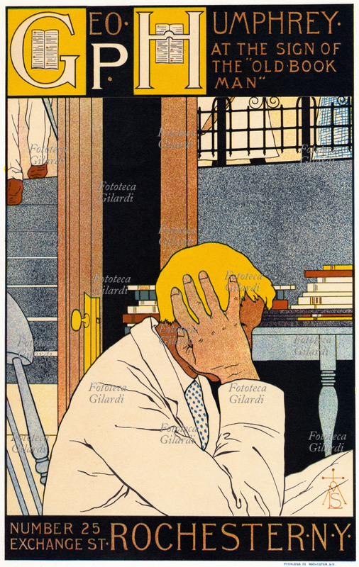 LETTURA Manifesto pubblicitario di M. Louise Stowell per la Libreria Geo H. Humphrey, Rochester N.Y. Litografia a colori, 1897