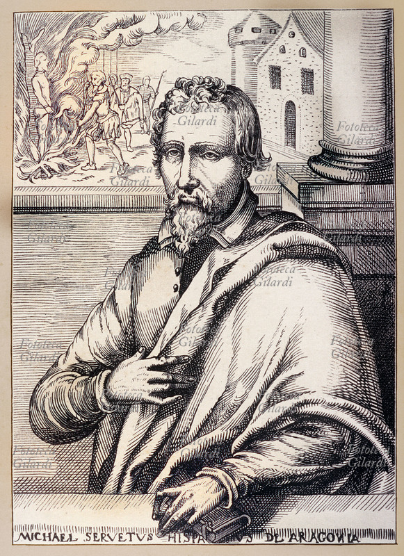 Michele SERVETO (1509-1533) Incisione ritraente il medico, teologo e riformatore spagnolo, bruciato vivo per eresia il 27 ottobre 1553. (Sullo sfondo dell\