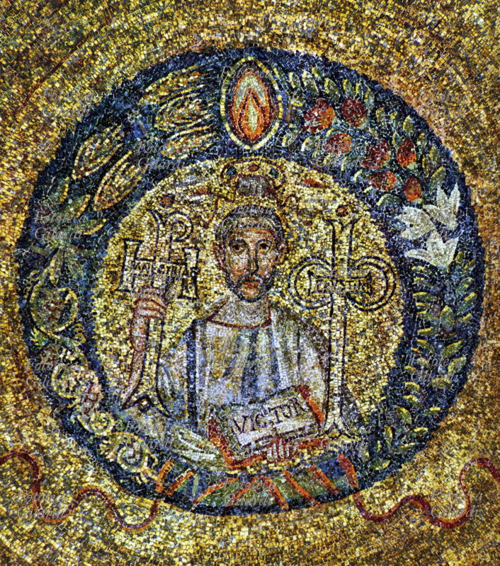 SAN VITTORE san Vittore, da soldato romano a martire cristiano, parte della storia delle persecuzioni anticristiane dei primi secoli, protagonista delle origini del cristianesimo in area lombarda. Ritratto del santo. Mosaico, basilica di Sant\