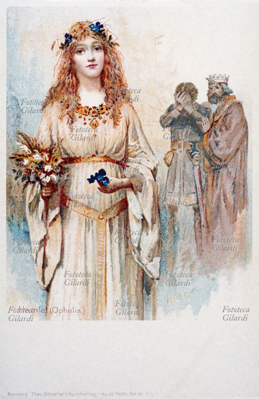 William SHAKESPEARE (1564-1616) Ofelia mostra i segni della sua pazzia in una scena della tragedia "Amleto" (1600). Cromolitografia, Theo. Stroefer\
