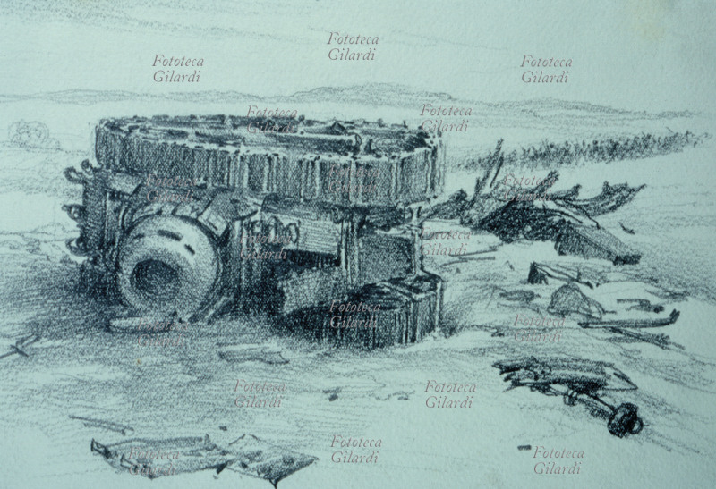 SECONDA GUERRA MONDIALE Il mostro colpito. Carro armato inglese rovesciato nel deserto, 2/2/1942. Disegno a matita dalla raccolta personale di ricordi del pittore acquarellista e illustratore italiano Gerolamo Bartoletti (9 gennaio 1893 - 1962), intitolata \