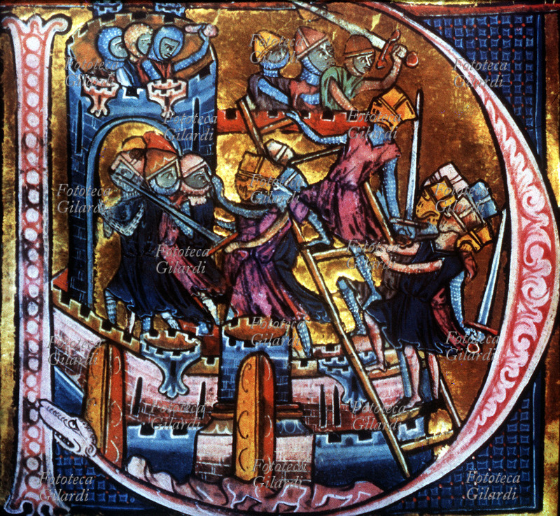 CROCIATE Assalto delle armate crociate contro gli infedeli di Antiochia nel 1097. Capolettera miniato da \