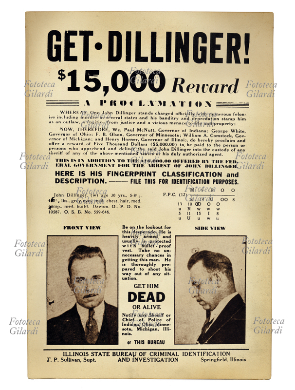 WANTED Il manifesto con la taglia premio per la cattura di John Dillinger (19031934) ricercato per omicidio, emesso dalla polizia dell\