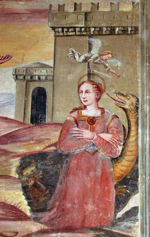 SANTA MARGHERITA (275-290) e il drago (dettaglio). La Santa fu incarcerata perché si scoprì che era cristiana e venne visitata in cella dal demonio, che le apparve sotto forma di drago e la inghiottì: ma Margherita, armata della croce, gli squarciò il ventre e uscì vittoriosa. Per questo motivo viene invocata per ottenere un parto facile. Affresco tardocinquecentesco, nell\