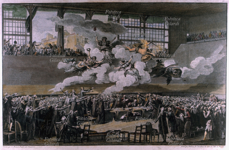 RIVOLUZIONE FRANCESE il giuramento nella sala del Gioco della Pallacorda, Versailles 19 giugno 1789. Litografia acquarellata su disegno di Monnet. Francia XIX secolo