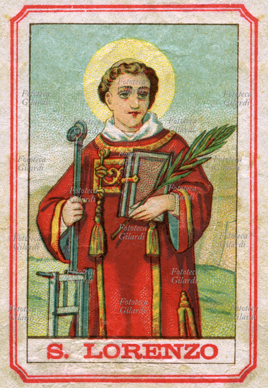 SAN LORENZO Martire. Raffigurazione classica con in mano la palma del martirio, il libro Sacro e la graticola su cui fu bruciato vivo. Protettore degli osti, invocato contro la malattia della vite. Festa 10 agosto. Stampa popolare immaginetta cromolitografica, 1890 circa