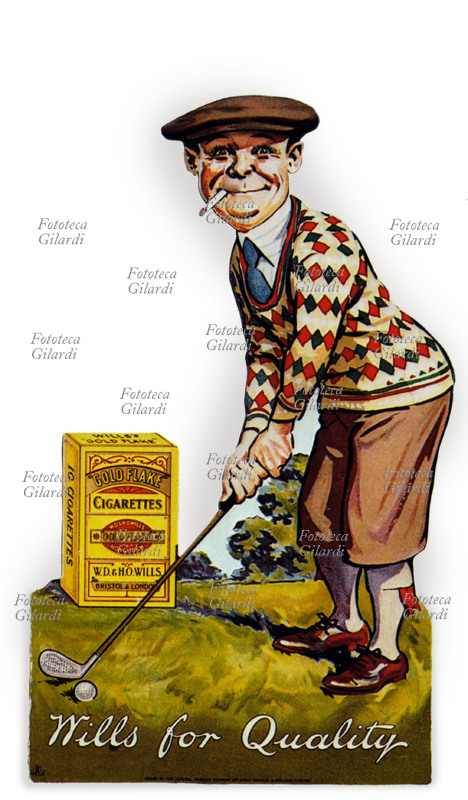 GOLF Figurina umoristica che rappresenta un giocatore di golf in perfetta tenuta alla moda. Cartoncino pubblicitario inglese per sigarette \