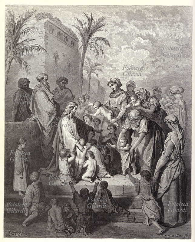 BIBBIA - Gesù benedice i bambini (Mc. 10: 14) Incisione tratta dalla Sacra Bibbia - Nuovo Testamento illustrata da Gustave Doré, 1866 ca.