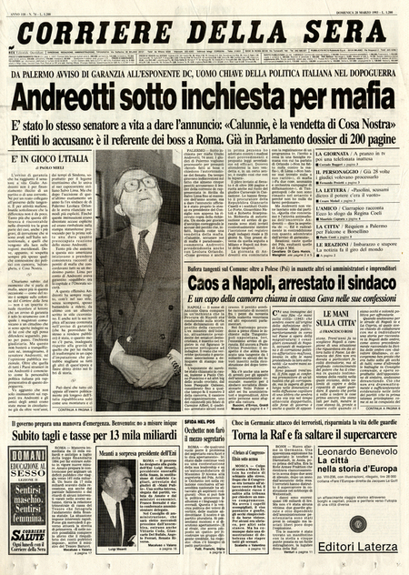 PRIMA PAGINA ANDREOTTI SOTTO INCHIESTA PER MAFIA PRIMA PAGINA ANDREOTTI SOTTO INCHIESTA PER MAFIA