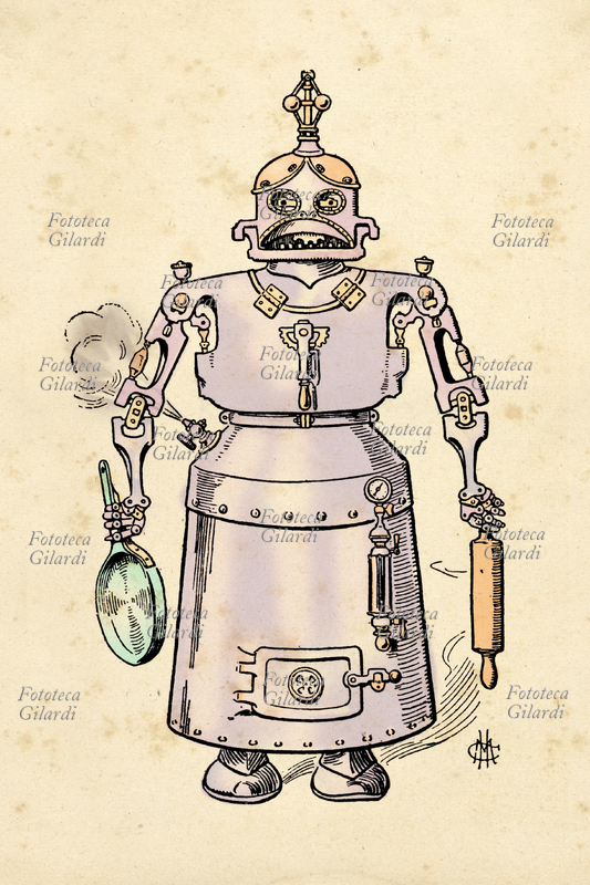 ROBOT domestico disegnato in epoca vittoriana. La fantasia del disegnatore lo rende simile ad una grassa cuoca e cameriera, con tutti gli accessori per svolgere le sue mansioni. Il robot sembra funzionare a vapore, 1837 - 1901