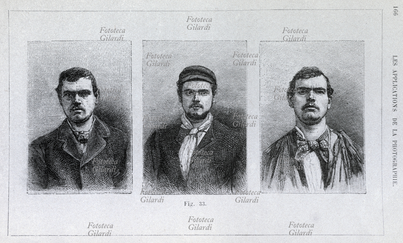 STORIA DELLA FOTOGRAFIA illustrazione da manuale sulle applicazioni della fotografia: la segnaletica ad uso giudiziario. Figura 33, tre ritratti a confronto resi in incisione da posa fotografica. Francia 1888