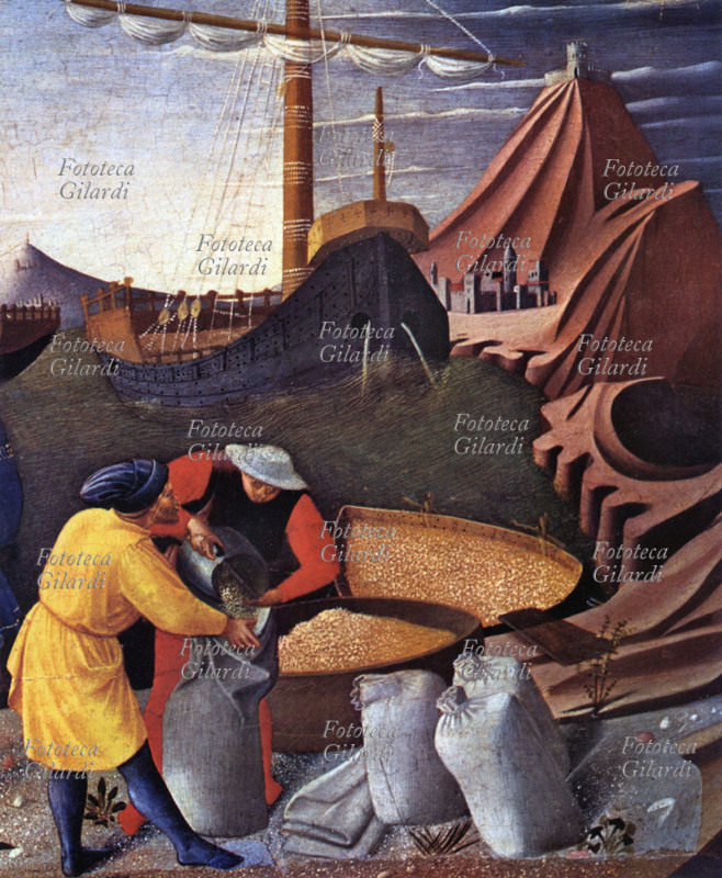 COMMERCIO Un carico di grano moltiplicato miracolosamente da San Nicola, salva il Paese dalla carestia. Stampa facsimile dal dipinto del Beato Angelico (1400ca-1455), dettaglio della predella dal Trittico di Perugia: Storie di San Nicola, XV secolo