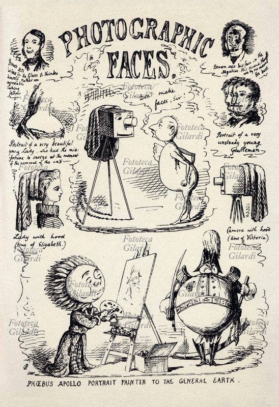 STORIA DELLA FOTOGRAFIA Photographic Faces. Varie tipologie di ritratto con giochi di parole e spunti ironici: Mr. Brown cambia opinione sul proprio aspetto vedendosi ritratto in posititvo e in negativo, una giovane e un giovane risultano sfigurati da incidenti durante la ripresa, una dama elisabettiana è paragonata ad una fotocamera vittoriana con la pezza nera paraluce; infine, con la fotografia nientemeno che Febo Apollo viene tirato in ballo quale pittore ritrattista del generale Terra. Illustrazione dal trattatello umoristico intitolato "Photographic Pleasures. Popularly portrayed with pen and pencils", di Cuthbert Bede, B.A. (nome d\