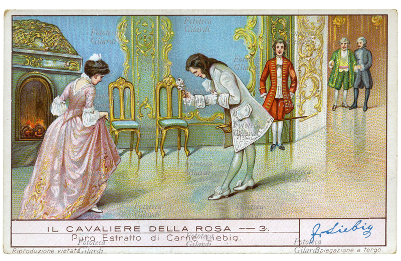 Richard STRAUSS (11 giugno 1864 – 8 settembre 1949) "Ottaviano presenta la rosa a Sofia", atto II da "Il cavaliere della rosa" (Der Rosenkavalier), commedia per musica in tre atti su libretto dello scrittore austriaco Hugo von Hofmannsthal, eseguita la prima volta il 26 gennaio 1911 alla Königliches Opernhaus di Dresda. Puro Estratto di Carne Liebig. Cromolitografia, figurina Liebig della serie "Il cavaliere della rosa", n. 3. Italia 1935