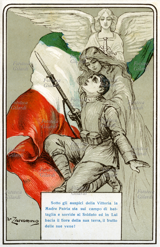 PRIMA GUERRA MONDIALE "Sotto gli auspici della Vittoria la Madre Patria sta sul campo di battaglia e sorride al soldato ed in Lui bacia il fiore della sua terra, il frutto delle sue vene!" Cartolina postale della serie "Propaganda Nazionale de "L\