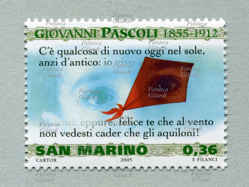 Giovanni PASCOLI (31 dicembre 1855 – 6 aprile 1912), poeta, accademico e critico letterario italiano. Francobollo commemorativo della serie "150° anniversario della nascita di Giovanni Pascoli" emessa dalle Poste sammarinesi. Nella vignetta, alcuni versi de "L\