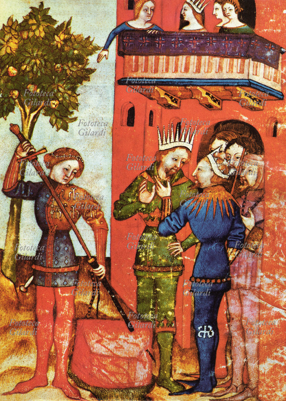 LANCILLOTTO eroe della leggenda di re Artù, parte alla ricerca del Sacro Graal. Stampa facsimile che illustra una miniatura tratta da un manoscritto medioevale francese \