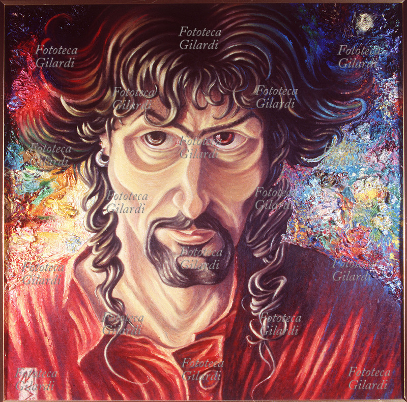 Maurizio SOFFIATI (1959) Autoritratto con tavolozza e pensieri colorati. Olio su tela, 50x50 cm. Italia, 1993.