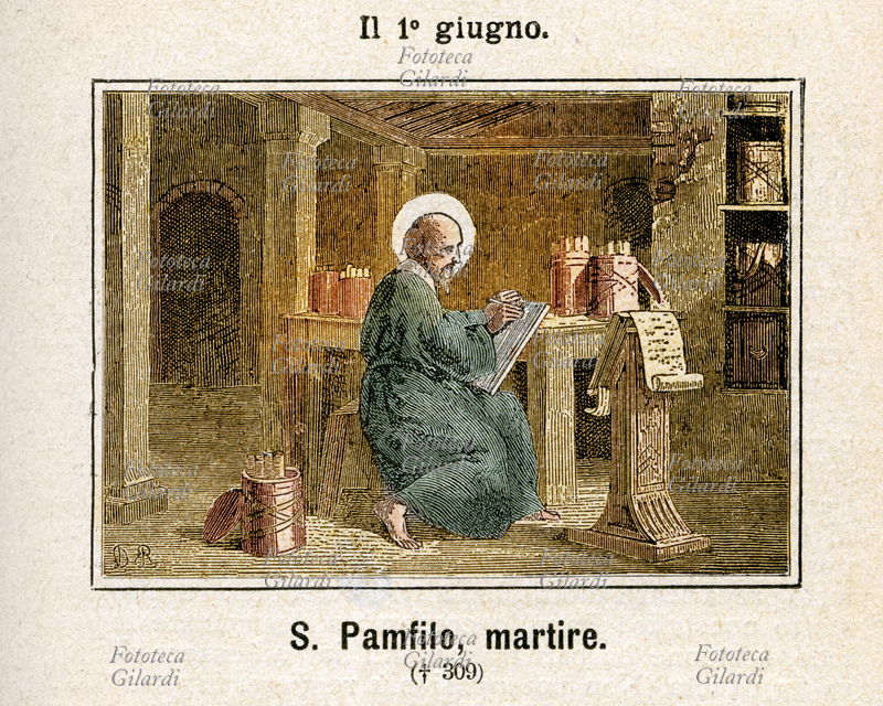 San PAMFILO martire (II secolo - 16 febbraio 309) studioso cristiano della Bibbia, discepolo del filosofo Origene, contribuì alla vasta raccolta di testi per la Biblioteca teologica di Cesarea Marittima. Subì il martirio per decapitazione con altri 12 compagni di fede sotto l\