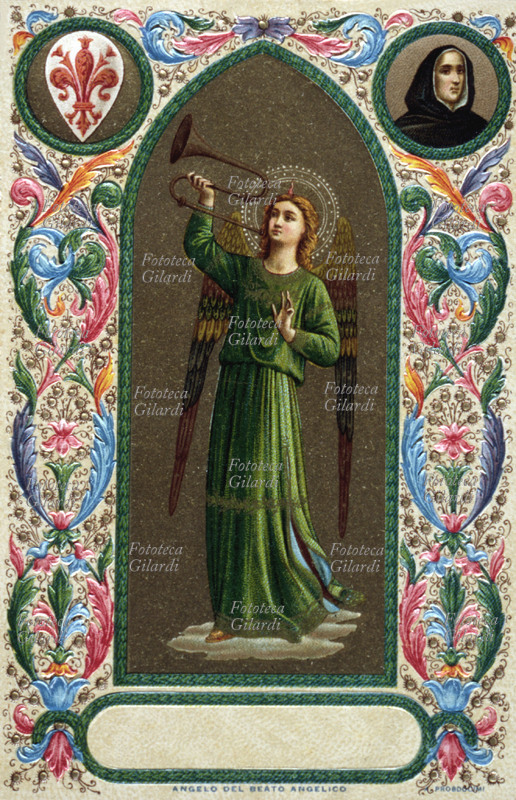 ANGELO suonatore di tromba. Cromolitografia da dipinto del Beato Angelico (1395 circa – 18 febbraio 1455), raffigurato in alto in un piccolo tondo. Ed. Sborgi, Firenze 1900.