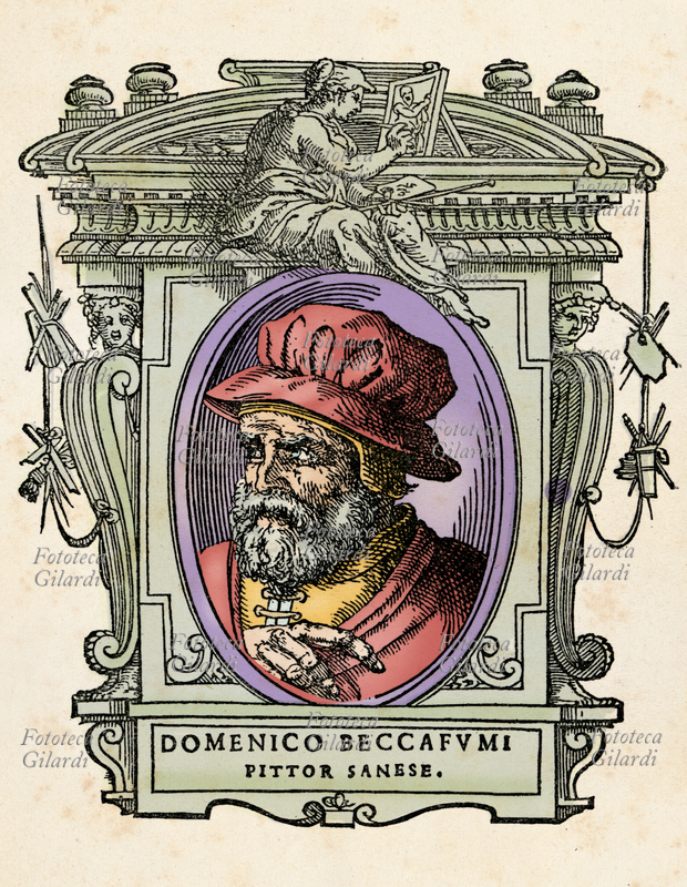 Domenico BECCAFUMI (1486 - 18 maggio 1551), nome con cui è meglio noto Domenico di Jacopo di Pace, detto anche Mecherino, pittore e scultore italiano, uno dei più importanti promotori del Manierismo. Il ritratto in ovale è racchiuso in una cornice decorata con figure allegoriche e strumenti delle arti. Illustrazione colorizzata su base xilografica del XVI secolo, dal trattato \