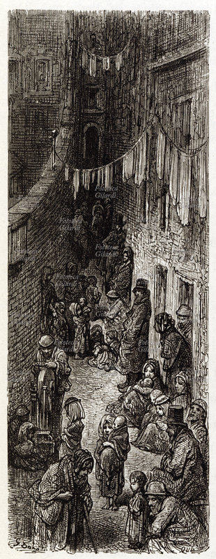 LONDRA Povertà, disperazione e incuria per le strade degli slums. Incisione tratta dall\