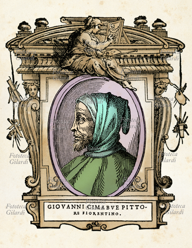 CIMABUE (1240 circa - 1302), pseudonimo di Cenni (o Bencivieni) di Pepo, pittore italiano; maestro e scopritore di Giotto, Vasari lo indica come il primo pittore che nello stile si allontanò dalla "scabrosa goffa e ordinaria (...) maniera greca" per recuperare il tratto verosimigliante della pittura latina. Il ritratto è racchiuso in una cornice decorata con cariatidi che reggono gli strumenti dell\