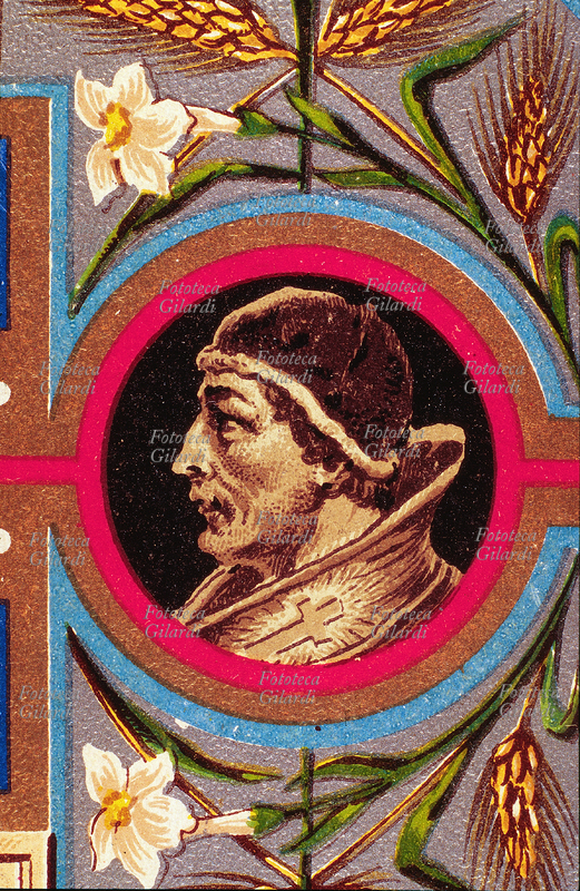 PAPA SAN URBANO I martire (? - maggio 230), nato a Roma, eletto nel 222, sepolto nelle Catacombe di San Callisto e poi in Santa Prassede. Ripose il corpo di Santa Cecilia. Ritratto, dettaglio da una cartolina cromolitografica della \