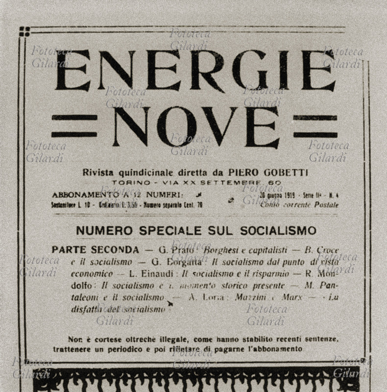 Piero GOBETTI (1901-1926) annuncio pubblicitario per la rivista quindicinale Energie Nove diretta da Piero Gobetti. Numero speciale sul socialismo 1919.