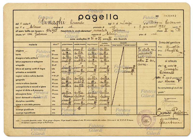 PAGELLA scolastica (interno) della 5° classe elementare. Ministero della Pubblica Istruzione. I voti sono espressi in lettere - insufficiente, sufficiente - buono -. L\