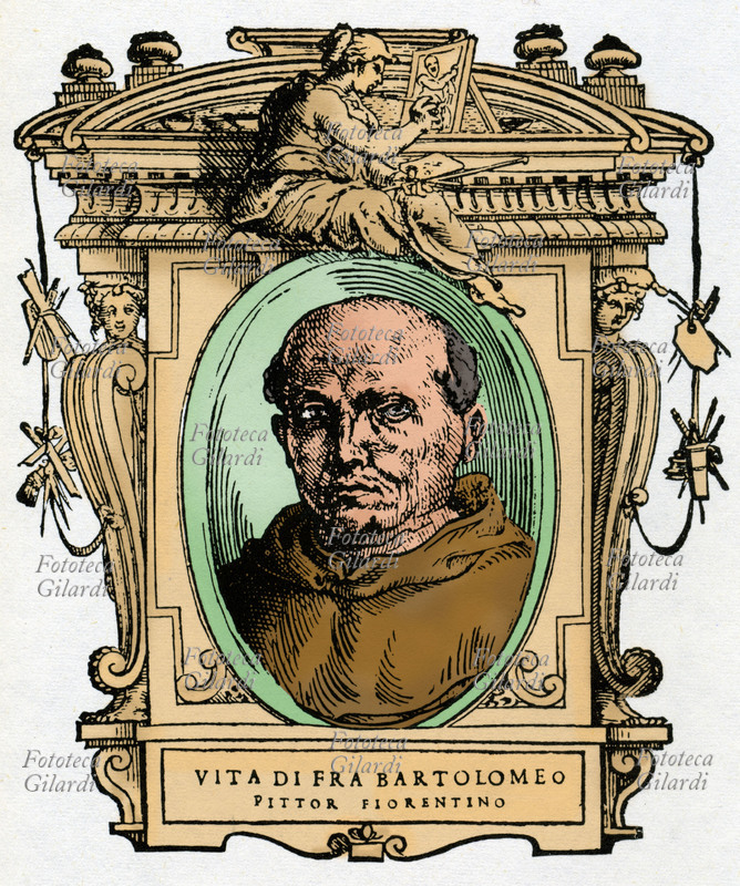 FRA BARTOLOMEO (21 agosto 1473 – 31 ottobre 1517), nato Bartolomeo di Paolo di Jacopo "del Fattorino", detto Baccio della Porta, pittore fiorentino. Il ritratto è racchiuso in una cornice decorata con figure allegoriche e strumenti delle arti. Illustrazione colorizzata su base xilografica del XVI secolo, dal trattato \