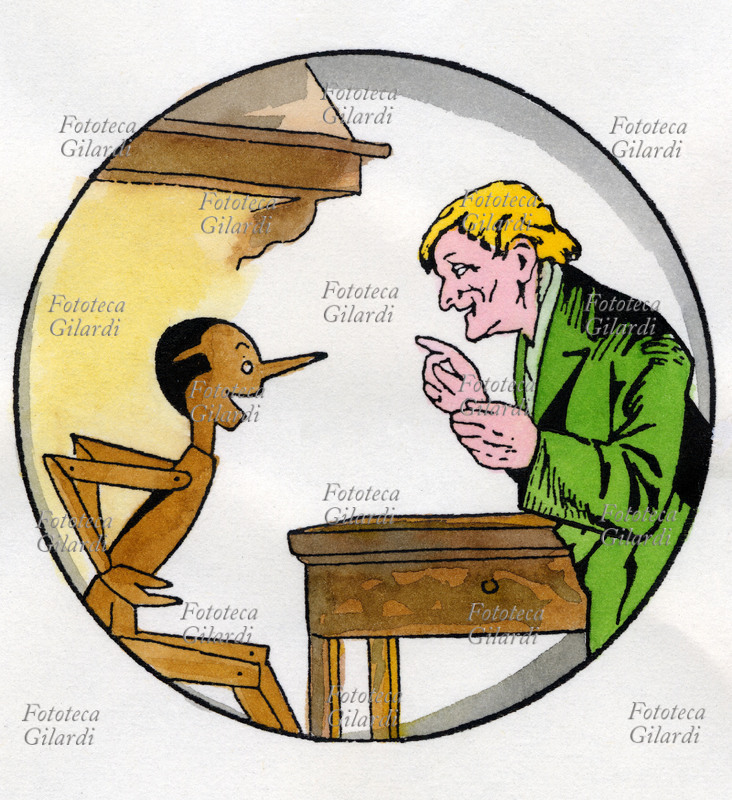 PINOCCHIO (1883) Geppetto instructs Pinocchio who has just sculpted and has unexpectedly come to life. Drawing by Attilio Mussino (25 January 1878 – 16 July 1954) for the most famous illustrated edition of the tale by Carlo Collodi (Carlo Lorenzini, 24 November 1826 – 26 October 1890) \