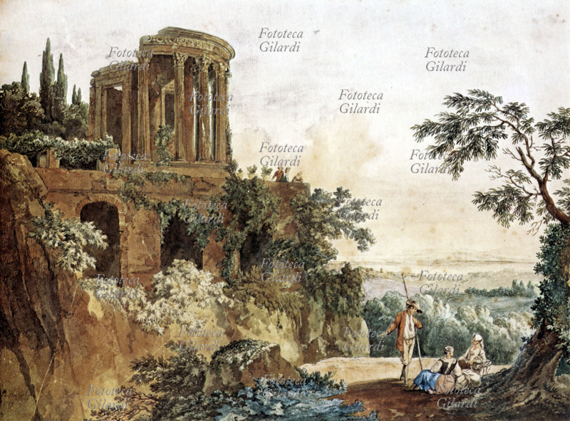 Jakob-Philipp HACKERT (1737-1807) Il tempio di Vesta a Tivoli (Roma). Acquerello, 1769