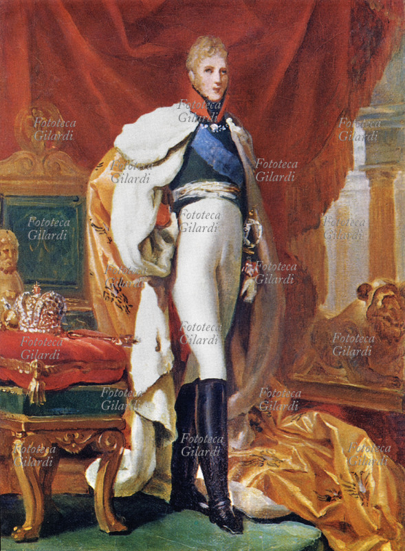 ALESSANDRO I° Pavlovic (1777-1825) zar di Russia. Figlio di Paolo I, si schierò contro Napoleone Bonaparte e promosse la coalizione che lo sconfisse in Russia (1812). Al Congresso di Vienna (1814--15) propose la costituzione della Santa Alleanza. Ritratto in una stampa facsimile da dipinto di Gérard, XIX secolo.