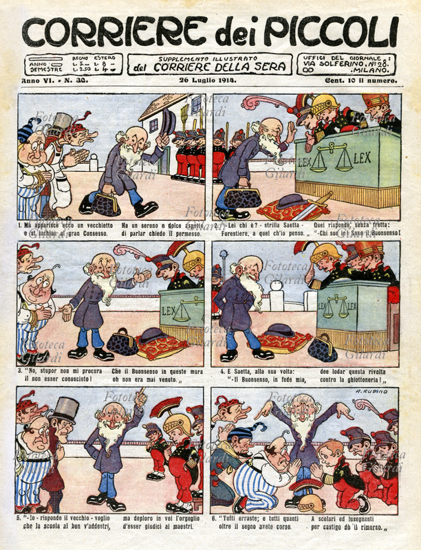 GIORNALI storia per vignette a puntate: " Il Collegio La Delizia"; soggetto di Renato Simoni (1875-1952), disegni di Antonio Rubino (1880-1964). Il racconto in rima esordisce il 9 novembre 1913 con i versi "Nel paese di Cuccagna c\